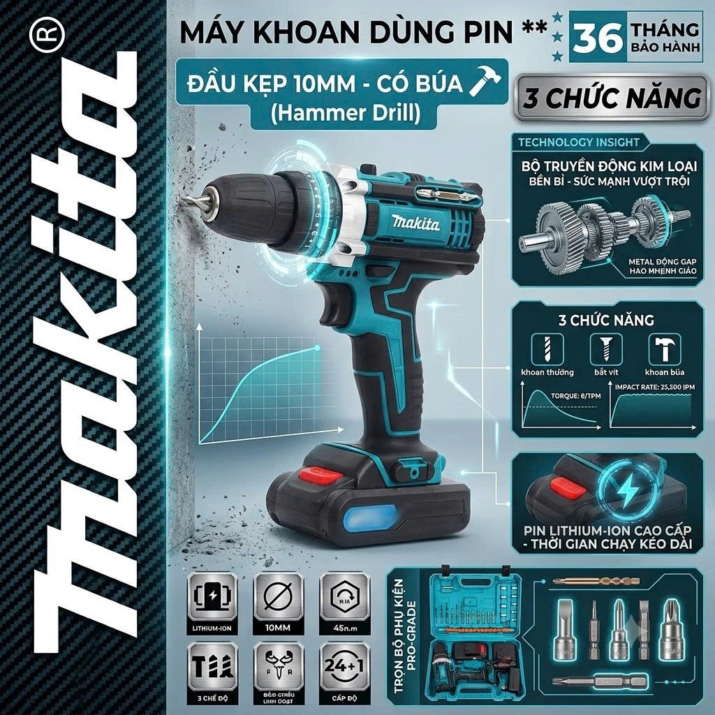 Máy Khoan Pin Makita 3 Chức Năng Có Búa – Khoan Sắt, Bắn Vít, Khoan Gỗ – Tặng Kèm Bộ 24 Chi Tiết
