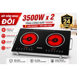 Bếp Hồng Ngoại Đôi GROPA 7000W Chính Hãng - Không Kén Nồi - Cảm Ứng - Hẹn Giờ - Bảo Hành 24 Tháng