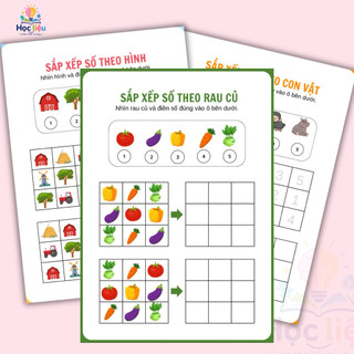 Toán tư duy sắp xếp số theo hình cho bé 3-5 tuổi | Học liệu in màu combo 20 tờ