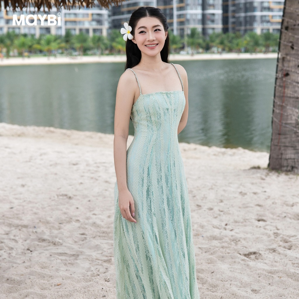 MAYBI Đầm xòe ren xanh hai dây dáng midi