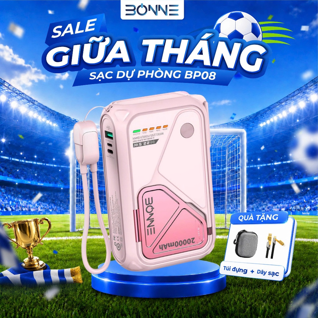 [TẶNG DÂY SẠC 4IN1+TÚI ĐỰNG ]Sạc Dự Phòng BP08, Củ Sạc Nhanh BONNE BP08 10.000 mAh 20.000 mAh Hỗ Trợ Sạc Không Dây