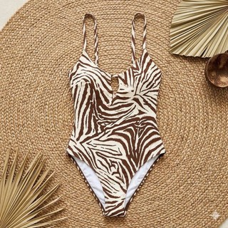 Bikini 1 mảnh, đồ bơi nữ kín đáo che bụng, họa tiết kẻ nâu nổi bật, sẵn đệm ngực hàng VNXK