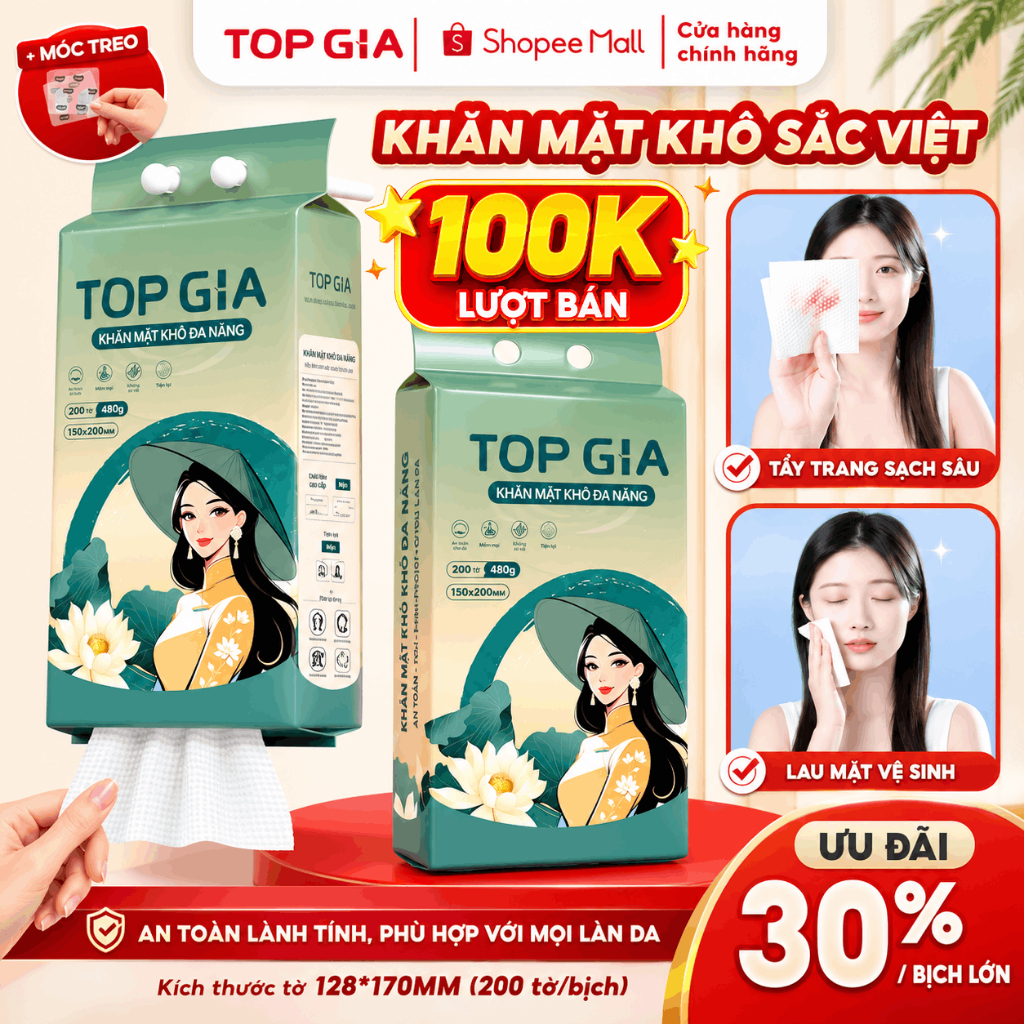 Khăn mặt khô Top Gia treo tường Sắc Việt, dùng 1 lần mềm mịn, an toàn cho da, bịch 200 tờ