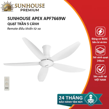 Quạt trần SUNHOUSE APEX APF7669W quạt 5 cánh, remote điều khiển - Bảo hành 24 tháng