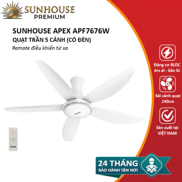 Quạt trần có đèn SUNHOUSE APEX APF7676W quạt 5 cánh, remote điều khiển - Bảo hành 24 tháng