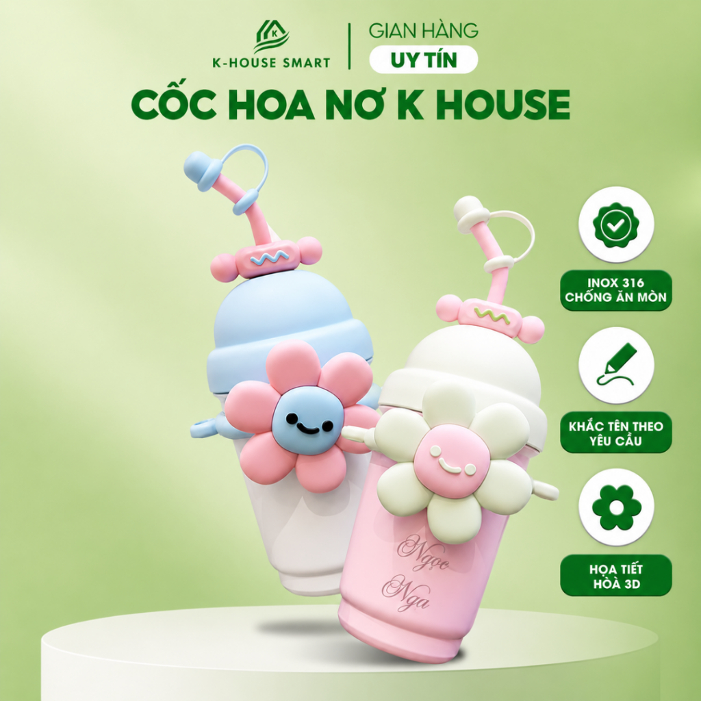 Bình giữ nhiệt bông hoa cute K House 700ML đáy inox cao cấp 316 có ống hút, có dây đeo + cọ vệ sinh ống