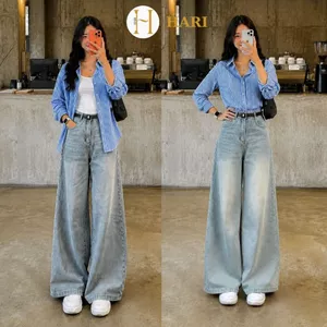 Quần Jean Nữ Hari Ống Rộng Suông Cạp Cao Màu Wash Retro Tôn Dáng Quần Bò Dễ Phối Đồ Đi Học Đi Làm