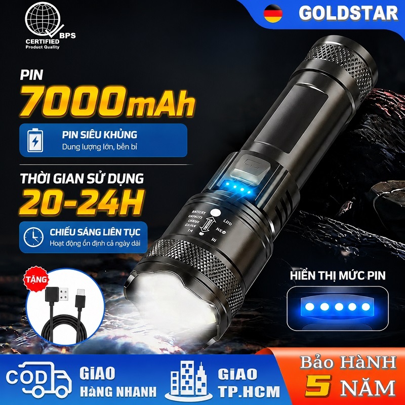 Goldstar Đèn pin LED siêu sáng Đèn pin có thể sạc lại có thể phóng to với 3 chế độ ánh sáng 🔥🔥🔥