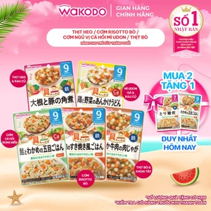 Combo 12/18/24 gói cháo ăn dặm Wakodo cho bé từ 9 tháng tuổi 80G (Thịt heo, Thịt bò, Cơm Risotto, Cơm ngũ vị, Mì udon)