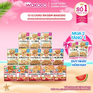 13 vị cháo ăn dặm Wakodo - Chào Gà, Cơm (cá ngừ, ngũ vị, risotto), Mì udon gà, Nui rau củ, Súp, Bò, Heo