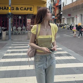 (HAVANA) Áo kiểu nữ YELLOW top layer tay bồng phối bo chun SAT489