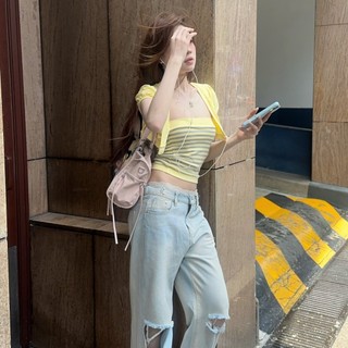 (HAVANA) Áo kiểu nữ YELLOW top layer tay bồng phối bo chun SAT489