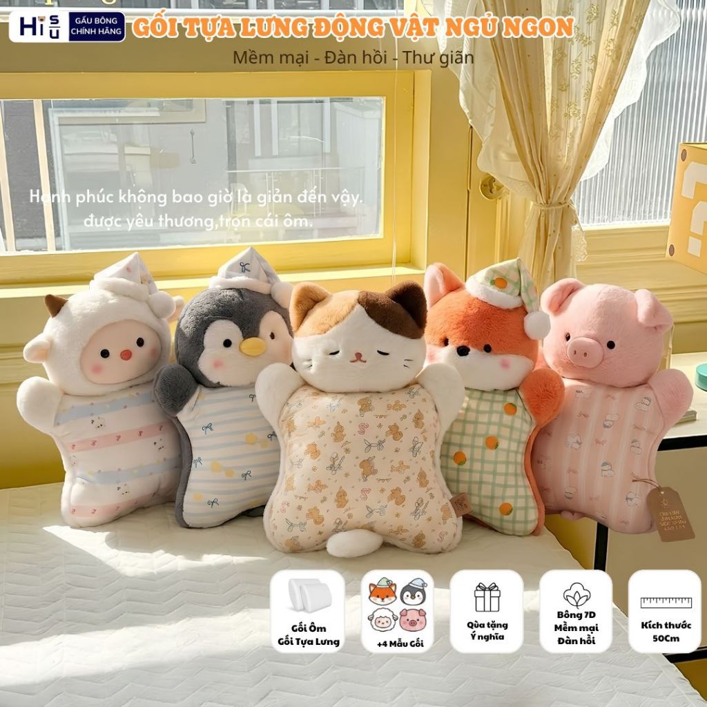 Gối Ôm,Gối Tựa Lưng Gấu Bông Hình Heo/Cáo/Mèo/Cừu Dễ Thương Chất Mềm Mại, Đàn Hồi,Thoáng Khí Giúp Thư Giãn