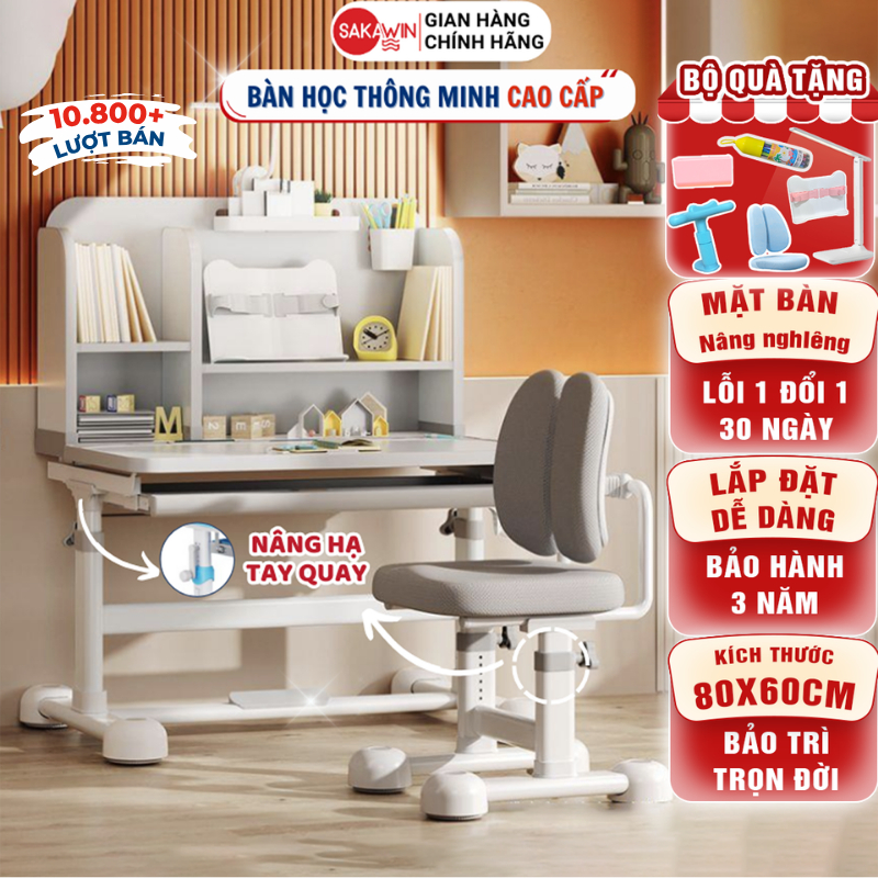(Bản Cải Tiến) Bộ bàn học cho bé Sakawin A16 Bàn học chống gù cho bé từ 3 đến 15 tuổi, Nâng hạ tay quay.