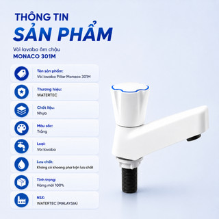 Vòi lavabo tay vặn WATERTEC WT0002 - Pillar Monaco 301M màu trắng bằng nhựa, hàng mới 100% Malaysia