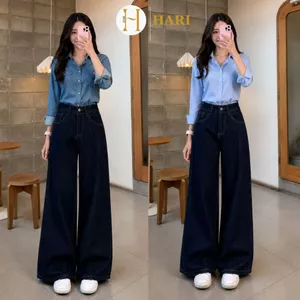 Quần Jeans Bò Màu Xanh Than Mềm Viền Chỉ Nổi Năng Động Ống Rộng Hari Mặc Đi Học Đi Làm