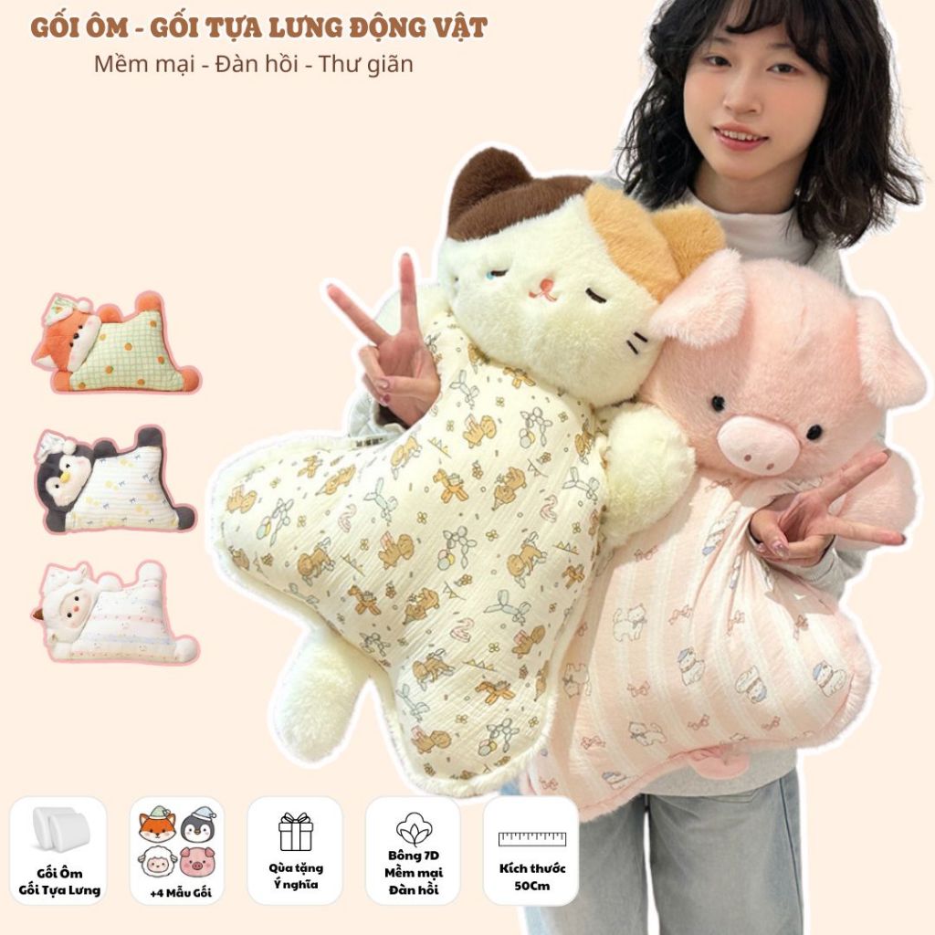 Gấu Bông Gối Ôm Hình Thú Mèo/Heo/Cừu/Cáo Mềm Mại Cao Cấp , Gối Tựa Lưng Văn Phòng Đàn Hồi Thoáng Khí, Babisu