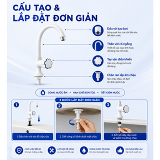 Vòi rửa chén âm chậu WATERTEC màu trắng WT0017 nhựa ABS/PP/POM Malaysia chống oxy hóa