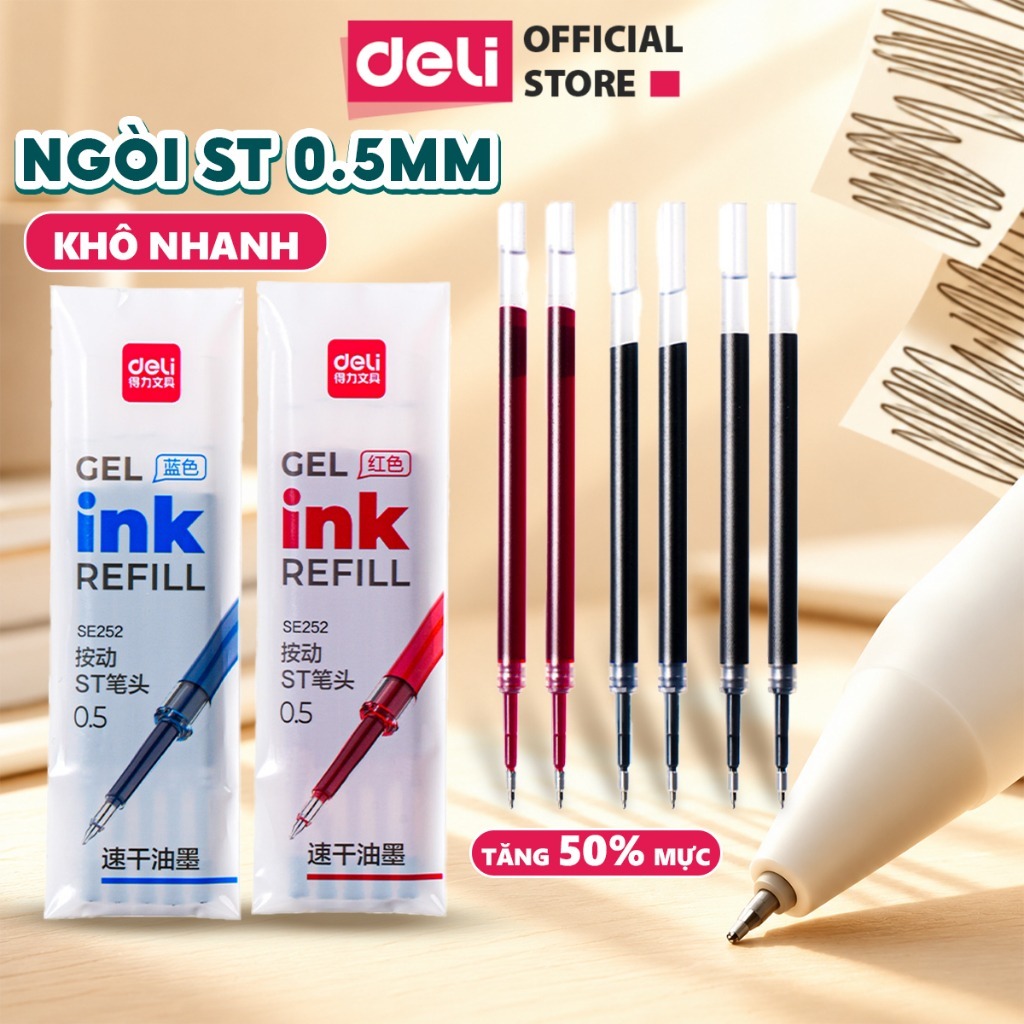[🔥9K/ 5 RUỘT] Set 5/10/20 Ruột Bút ST Mực Xanh/Đỏ/Đen Cho Bút Gel Deli - Ngòi ST Nhanh Khô 0.5mm, Viết Được 600m