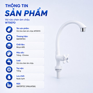 Vòi rửa chén âm chậu WATERTEC trắng WT 0070 WT0070 nhựa ABS/PP/POM Malaysia chống oxy hóa