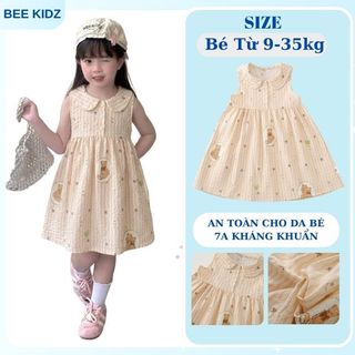 Váy Cho Bé Gái, Váy Sát Nách Cổ Tàu Cho Bé Chất Liệu Cotton Mềm Mại Họa Tiết Gấu Dễ Cute