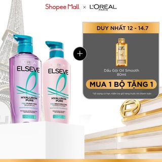 Bộ đôi gội xả nhẹ bồng mái tóc 72H Elseve HA Pure cho da đầu dầu hoặc Moist cho da đầu khô L'Oreal Paris 620ml, 375ml