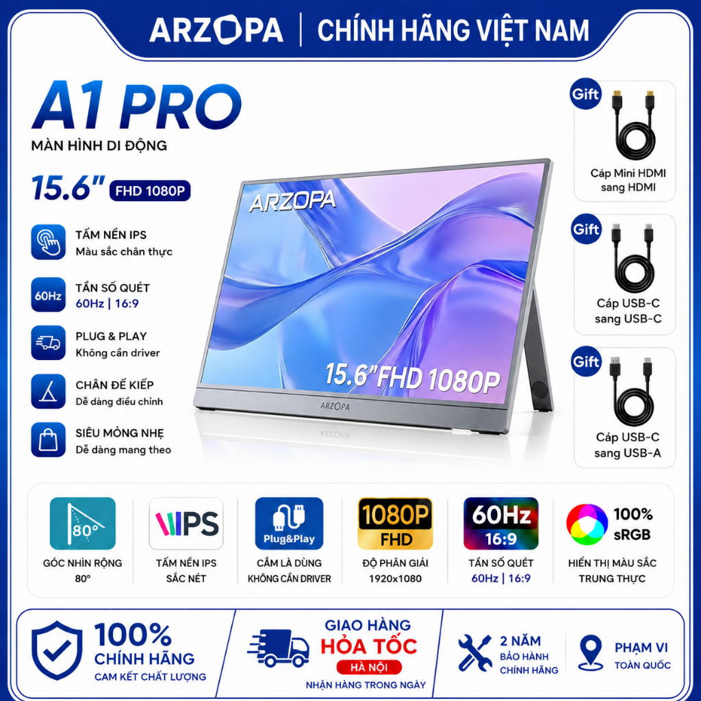 Màn Hình Di Động ARZOPA  A vỏ nhôm | IPS FHD | 100%sRGB | HDR | Loa Kép | USB-C HDMI | Chính Hãng | BigBuy360 - bigbuy360.vn