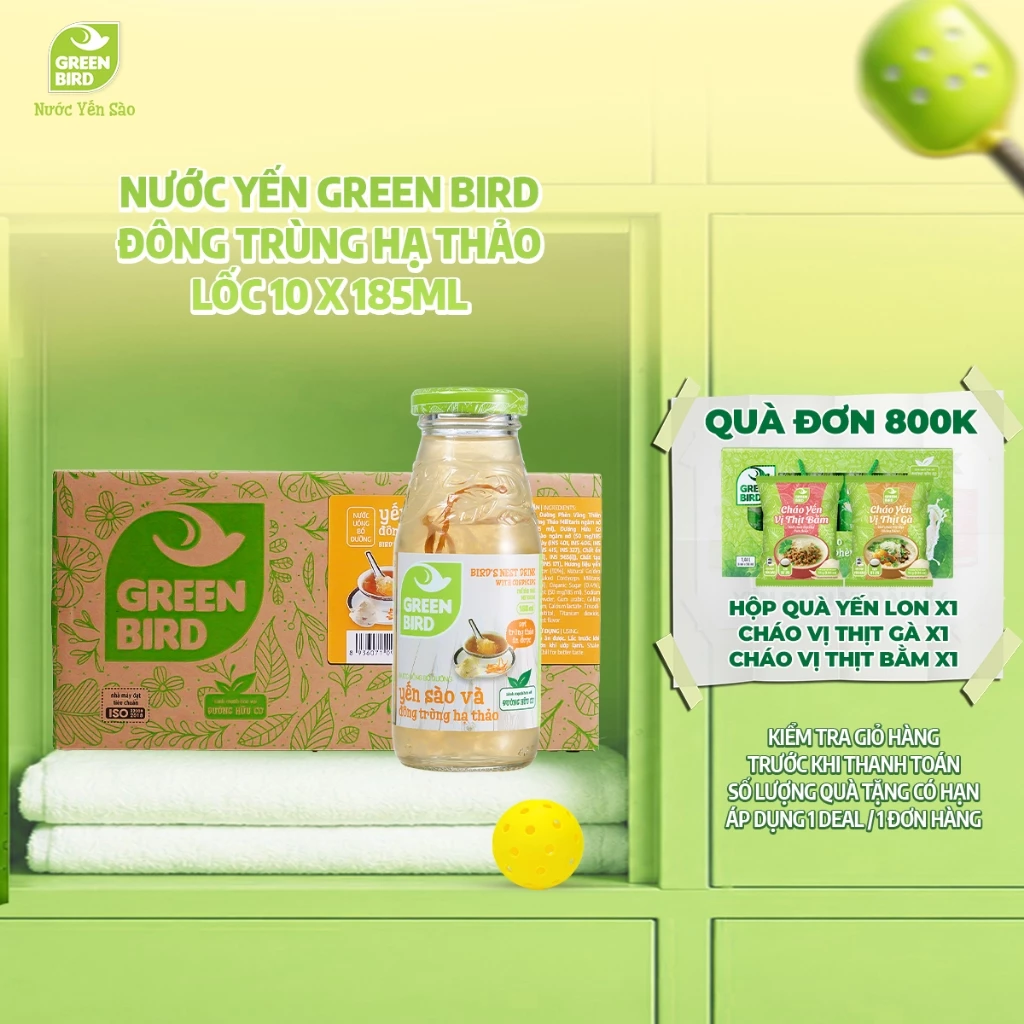 Lốc 10 Chai Nước Yến Đông Trùng Hạ Thảo Green Bird Tăng Cường Sức Khỏe - Chai 185ml