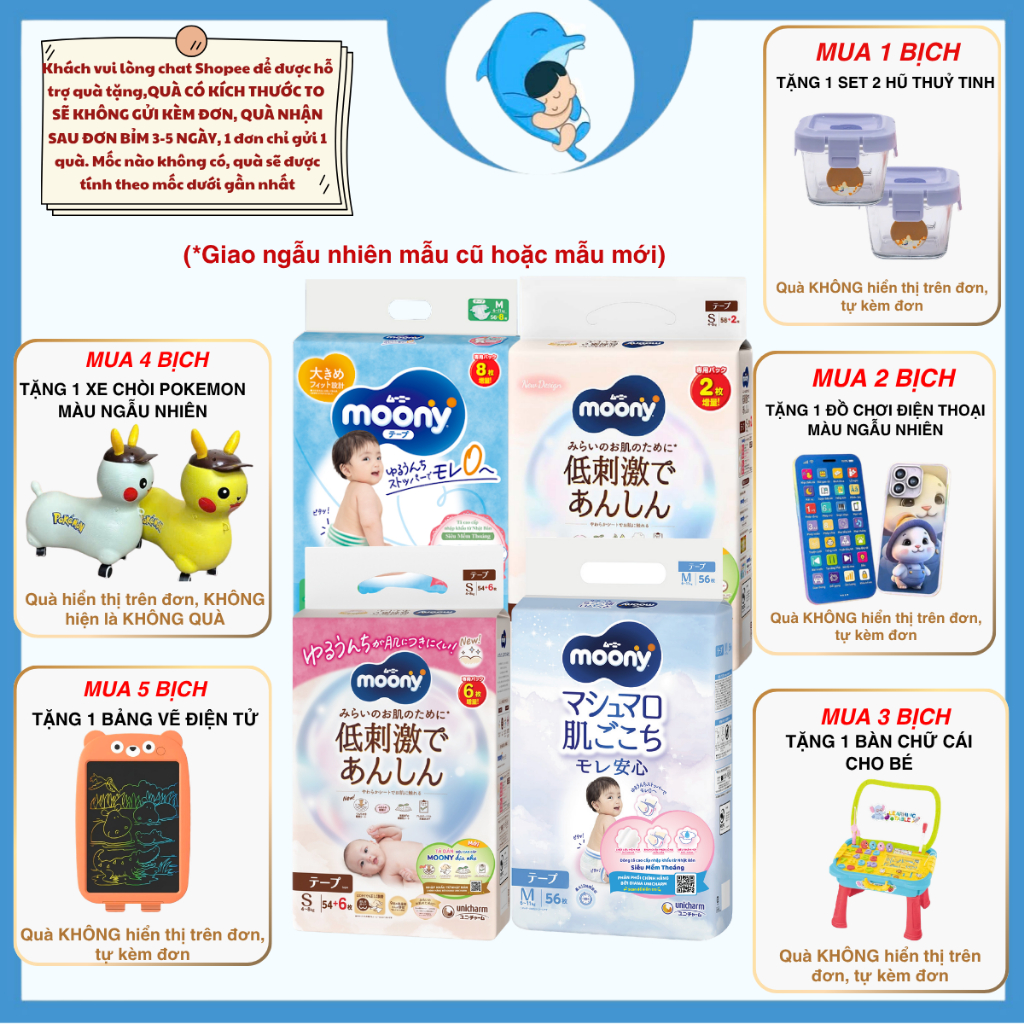 Tã/Bỉm Moony dịu nhẹ quần, dán đủ sizeNB60/S54/M46/L38/L36/XL32 cho bé 0-22kg MECAHEO