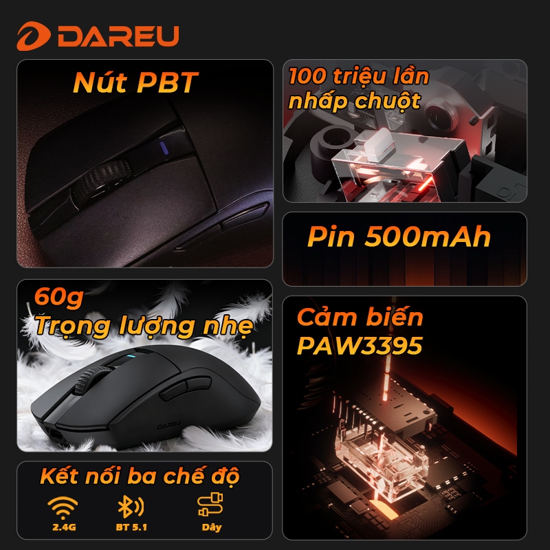 Chuột Gaming không dây DAREU A950GM - Chuẩn Pro-Grade, Nhẹ 60g, sạc USB-C, cảm biến 44K DPI,Ba chế độ kết nối - ảnh 2