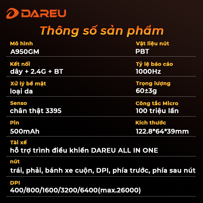 Chuột Gaming không dây DAREU A950GM - Chuẩn Pro-Grade, Nhẹ 60g, sạc USB-C, cảm biến 44K DPI,Ba chế độ kết nối - ảnh 9