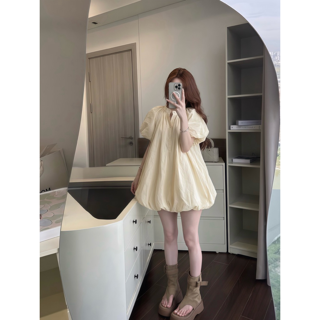 Váy Bí Phồng Tay Phồng Sang Chảnh Cổ Trụ Cúc Cổ Almira | BigBuy360 - bigbuy360.vn