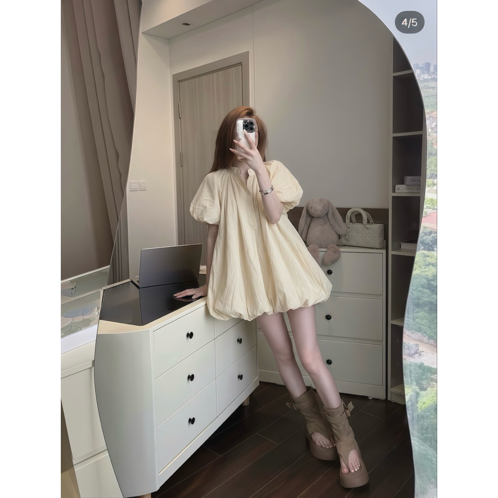 Váy Bí Phồng Tay Phồng Sang Chảnh Cổ Trụ Cúc Cổ Almira | BigBuy360 - bigbuy360.vn