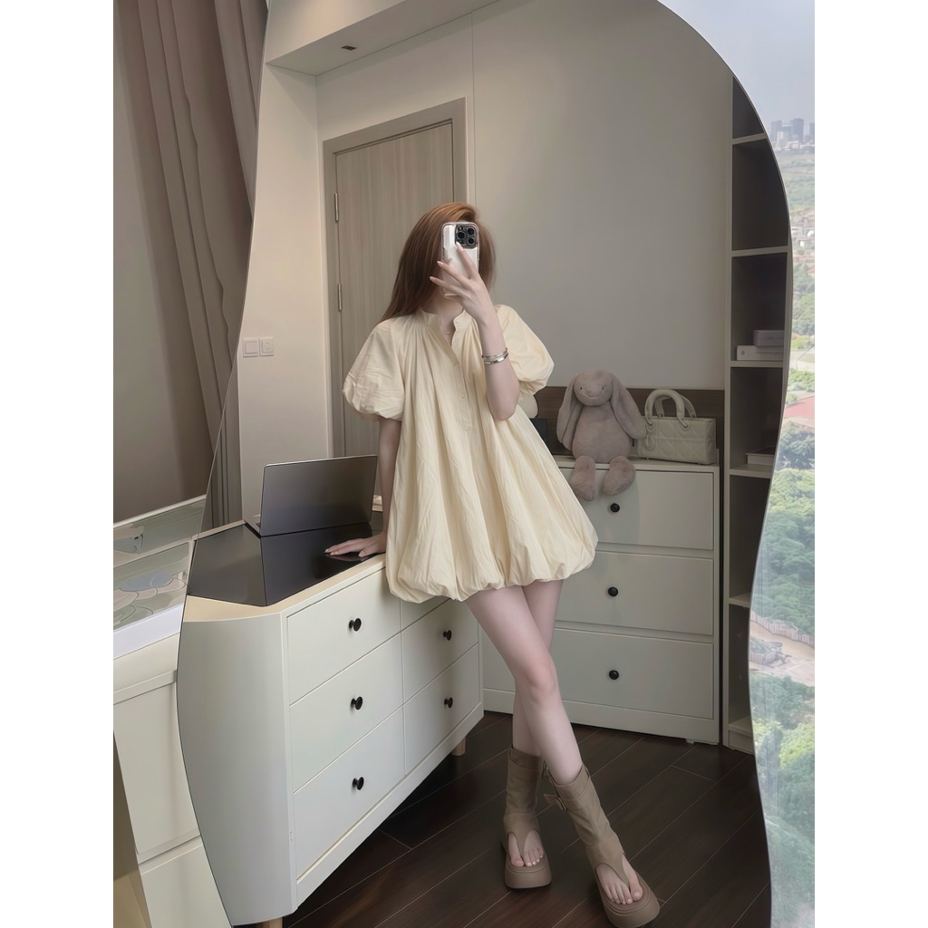 Váy Bí Phồng Tay Phồng Sang Chảnh Cổ Trụ Cúc Cổ Almira | BigBuy360 - bigbuy360.vn
