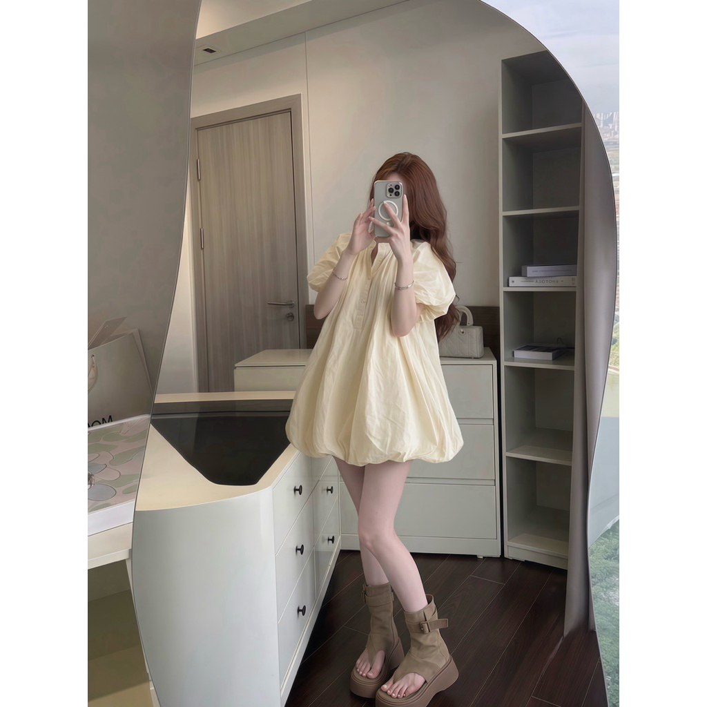 Váy Bí Phồng Tay Phồng Sang Chảnh Cổ Trụ Cúc Cổ Almira | BigBuy360 - bigbuy360.vn