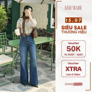Quần jean ống rộng nữ GYOMADE® wash xanh đậm chất jean cotton đứng form tôn dáng | GQ015B