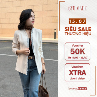 Áo blazer nữ tay dài GYOMADE® viền ren cao cấp dáng suông thanh lịch chất Carolan lạnh | GA042