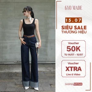 Quần jean nữ ống suông đứng lật lai GYOMADE® cạp cao tôn dáng chất cotton cao cấp cá tính | GQ020