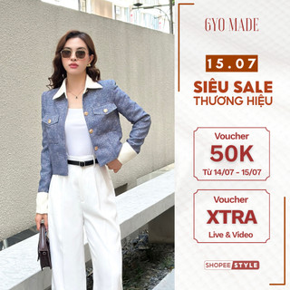 Áo khoác dạ chất liệu Tweed bông, 2 lớp, có mút đệm vai GYOMADE® màu xám xanh và kem | GA059
