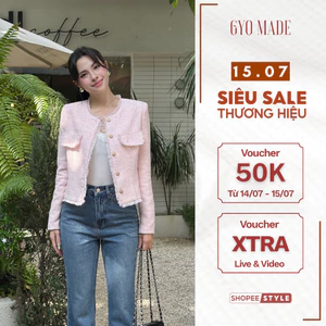 Áo khoác Tweed cao cấp GYOMADE® hồng Pastel phủ kim tuyến, 2 lớp đệm vai, nút đồng không gỉ | GA088