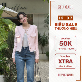Áo khoác Tweed cao cấp GYOMADE® hồng Pastel phủ kim tuyến, 2 lớp đệm vai, nút đồng không gỉ | GA088
