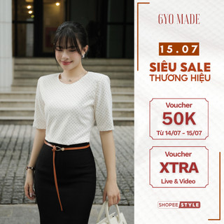 Áo kiểu chấm bi GYOMADE® cổ tròn tay lửng, chất lụa mềm 2 lớp, đệm vai đứng form thanh lịch | GA087