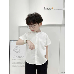Áo sơ mi trắng cộc tay bé trai, áo sơ mi thô lụa cổ tàu và cổ đức bé trai