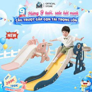 Cầu Trượt Cho Bé Tặng kèm Bóng Rổ + Ném Vòng, Cầu Trượt Cho Bé Trai Bé Gái Gấp Gọn Tiện Lợi Chất Liệu An Toàn