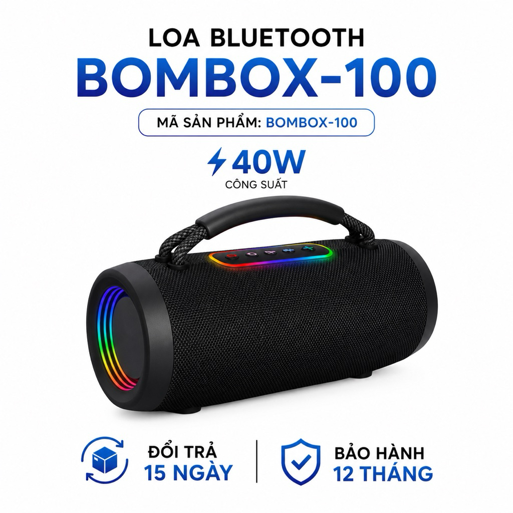 Loa Bluetooth BOMBOX-100 40W Âm Bass Mạnh | Loa Di Động 2 Loa, Pin Lithium 2000-4000mAh, Bluetooth 5.0, Đèn LED 7 Màu
