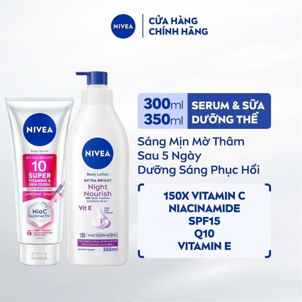 Combo Dưỡng Sáng Da NIVEA Vitamin Serum 300ml & Sữa Dưỡng Thể Extra Bright 350ml