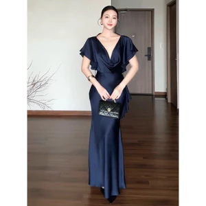 Đầm lụa SASA dáng dài váy lụa satin có tay mềm rũ dáng đuôi cá nhẹ đầm đi tiệc sang trọng - FEMEI