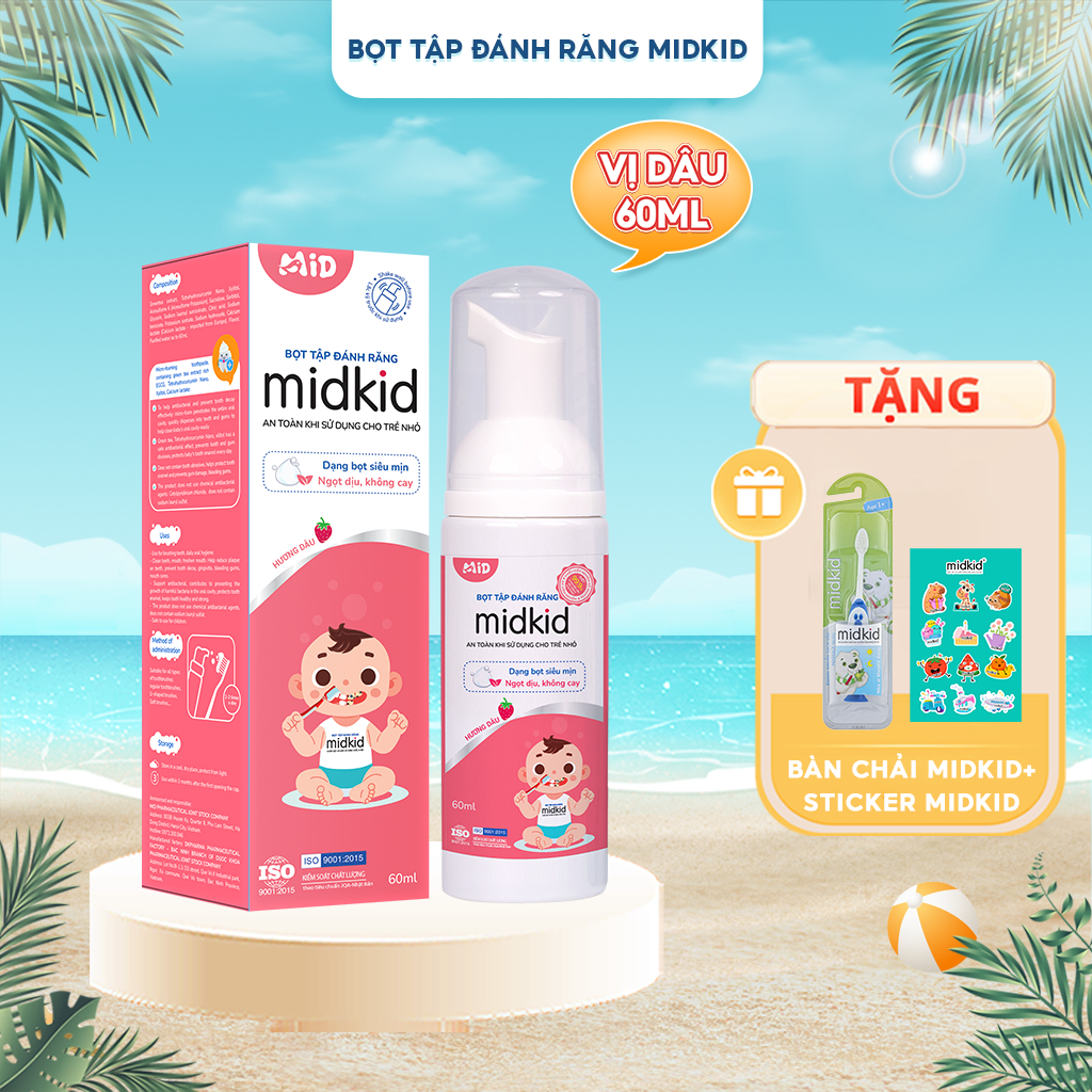 Bọt tập đánh răng Midkid cho trẻ từ 1 tuổi vị Dâu hữu cơ nuốt an toàn, không Fluoride, không chất mài mòn răng, lọ 60ml