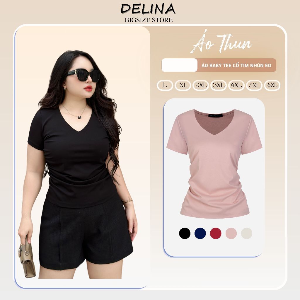 Áo thun cổ tim cotton big size nữ DELINA, trẻ trung, tôn dáng, thoải mái, big size 50kg-90kg