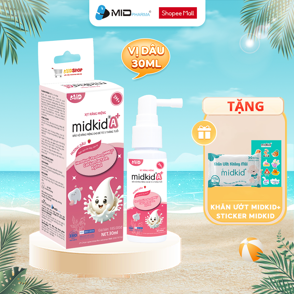 Xịt chống sâu răng Midkid A+ cho trẻ từ 3 tháng nuốt an toàn giúp ngừa sâu răng, tưa nấm lưỡi, sạch thơm miệng, lọ 30ml